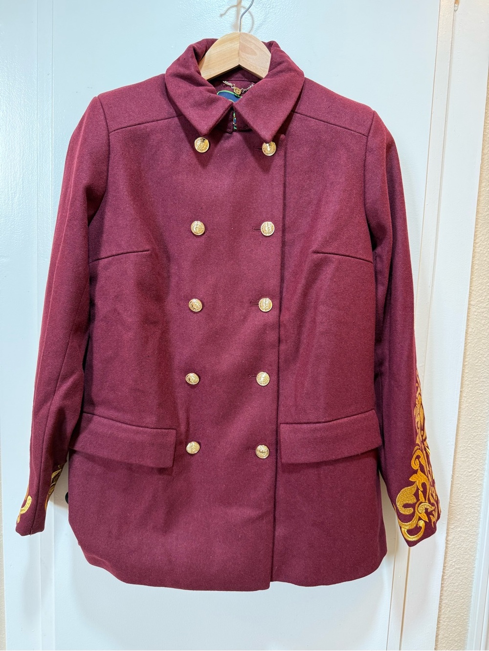 C. Wonder Burgundy Double-Breasted Pea Coat with Gold Embroidered Cuffs